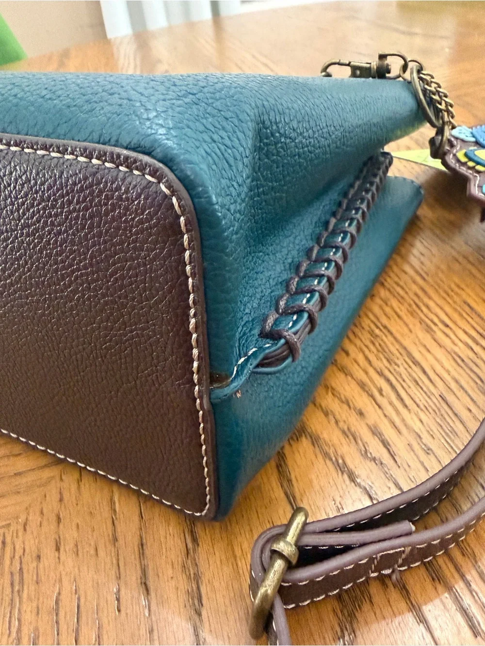 Chala Teal and Brown Leather Top-Handle Bag and Peacock Charm Purse